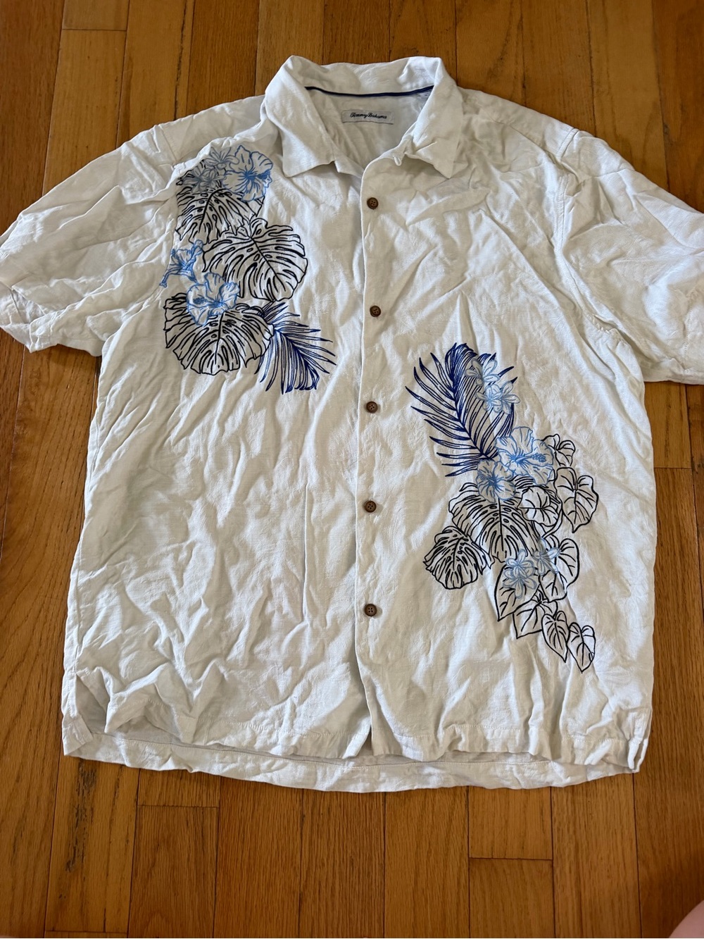 Tommy Bahama Men’s Large 100% Silk Tropical Hawaiian Shirt Blue Collar Floral
